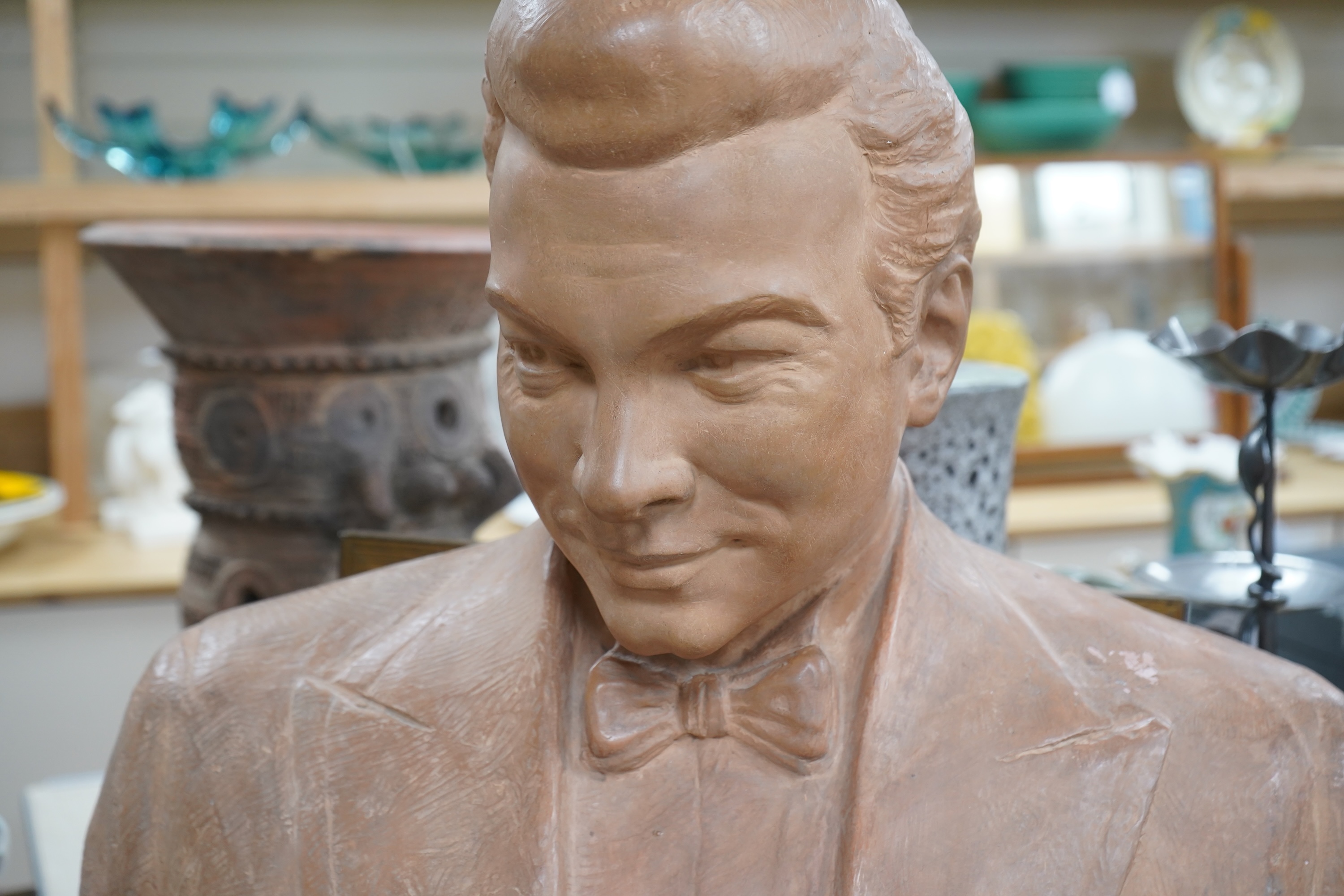 Mario Lanza - a terracotta bust by the sculptor Rosa Villam, signed to the side of the bust; ‘ Thank You For Your Golden Voice and Heart. Rosa Villam, Sculptor, Hungary-Budapest-1964’, 66cm high, together with aframed RC